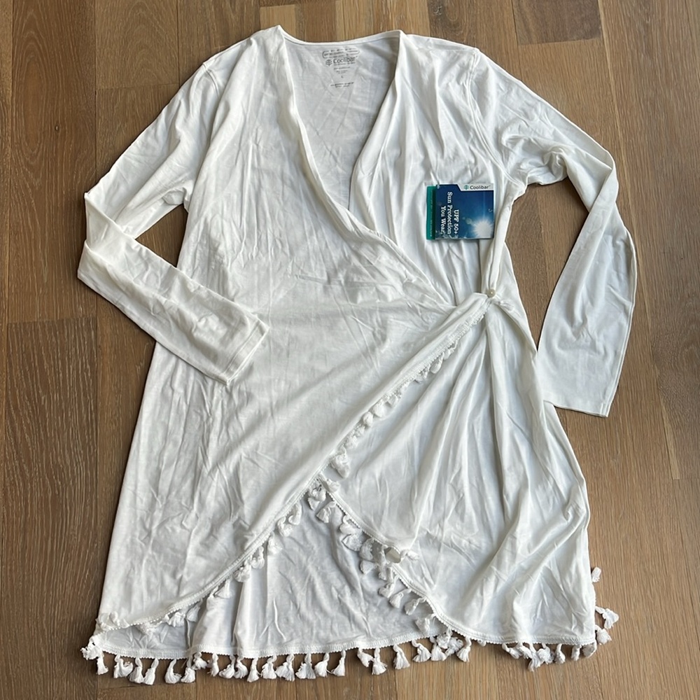 NWT Coolibar San Clemente cover-up in white with tassels. UPF 50+ - Picture 7 of 9